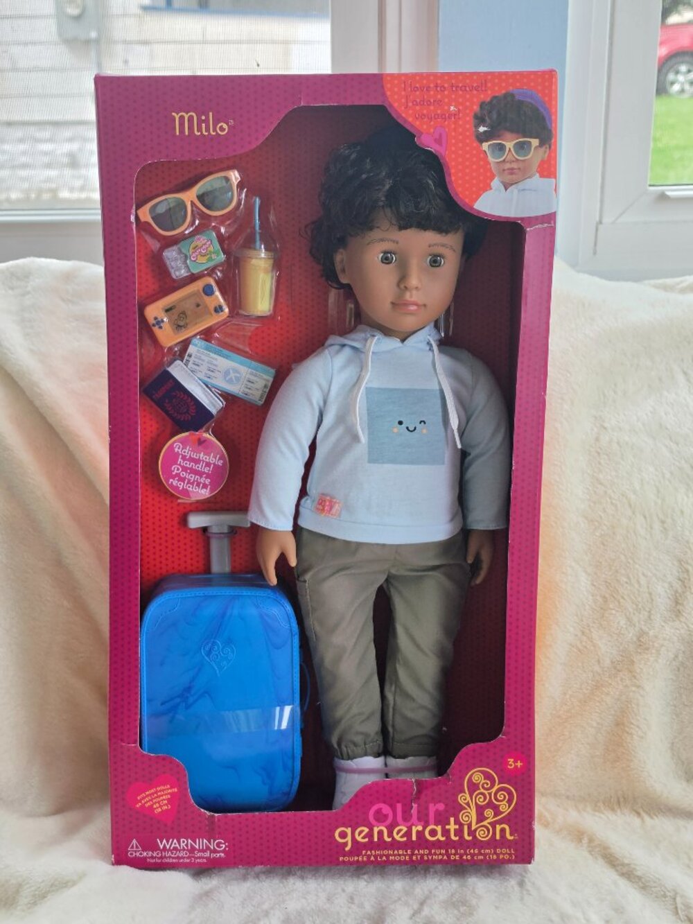 Travel-Ready Doll with Blue Hoodie & Rolling Suitcase